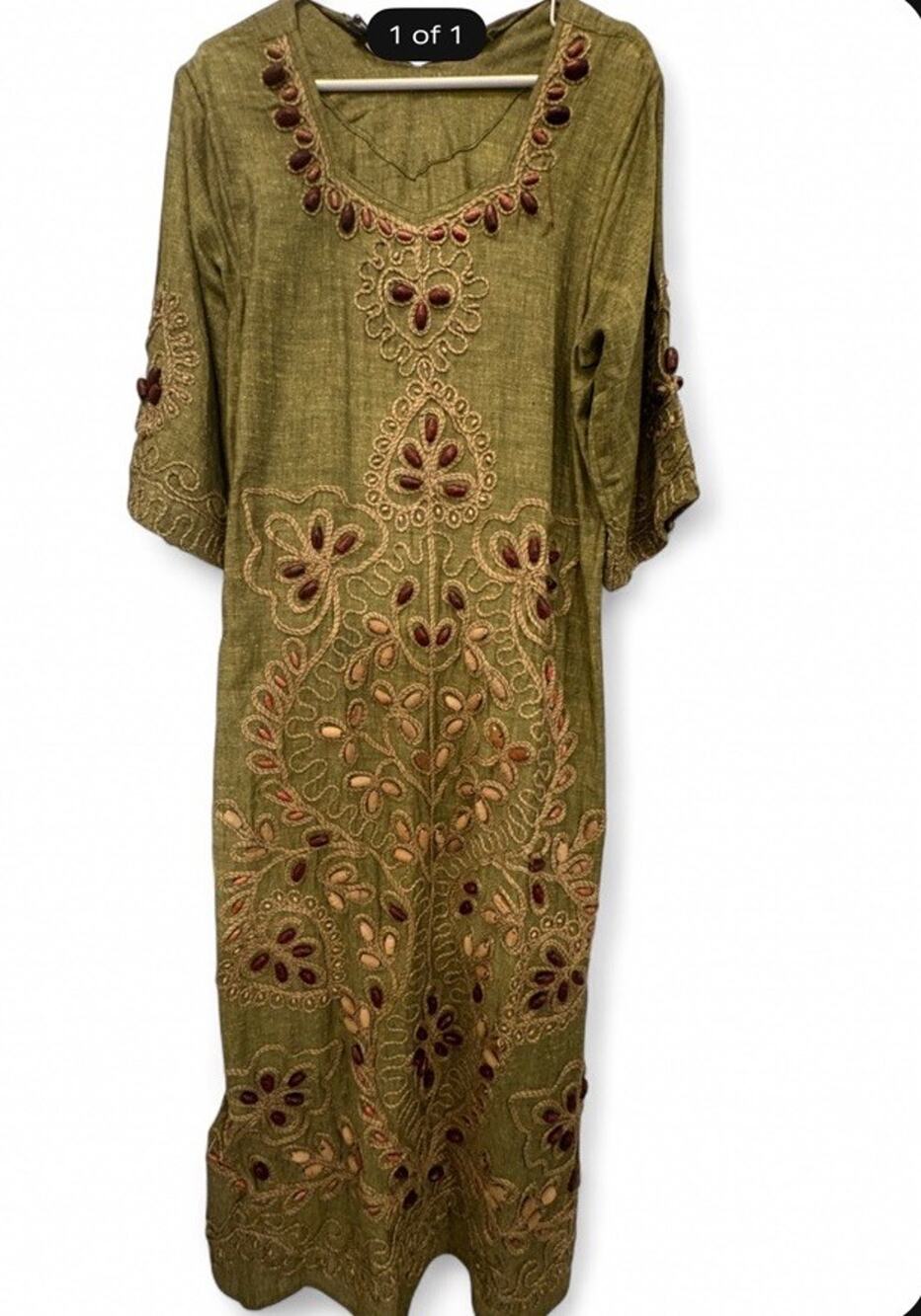 Vintage Boho Embroidered Olive Green Kaftan Tunic Dress Beaded Artisan S